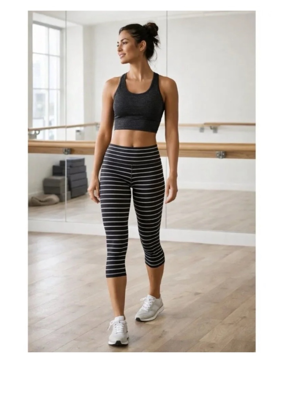 EUC – Athleta – Stripes Chaturanga Capri Leggings – Black & Gray – L
